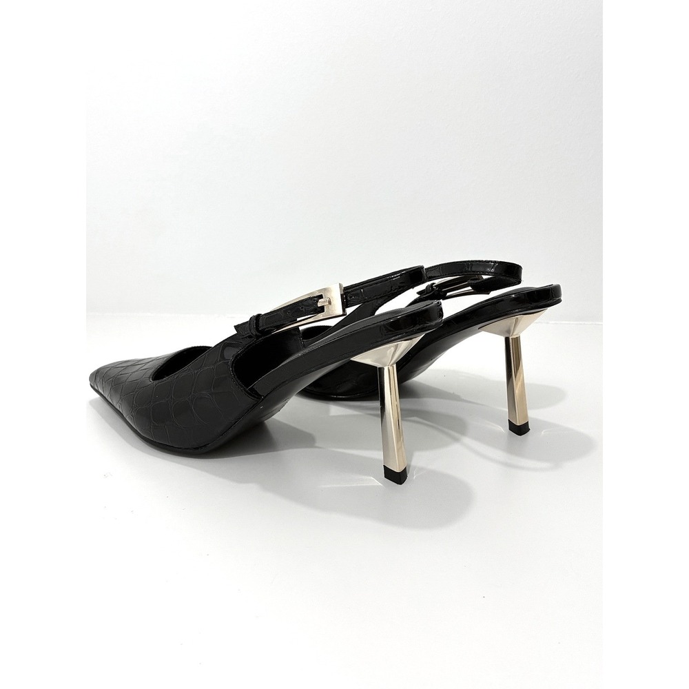 iiimmu Black Croc Embossed Slingback with Gold Sculptural Heel Pointed Toe Heels